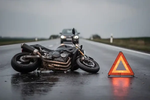 Moto accidentée couchée sur une route mouillée en Belgique, triangle de signalisation amber au premier plan, ciel gris nuageux.