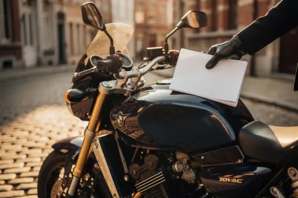 Moto garée sur des pavés belges, main gantée de cuir tenant un document d'assurance moto, lumière dorée de l'après-midi.