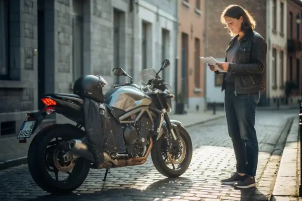 Moto garée dans une rue belge pavée, veste en cuir sur le siège, passant tenant des documents d'assurance au soleil de l'après-midi.