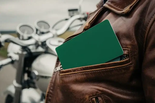 Carte verte d'assurance moto glissée dans la poche d'un blouson en cuir brun, guidon chromé flou en arrière-plan.