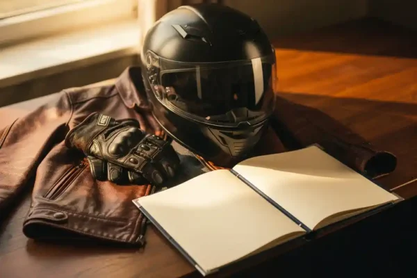 Casque moto premium posé sur un blouson en cuir avec des gants de conduite, à côté d'un dossier d'assurance ouvert sur un bureau en bois.