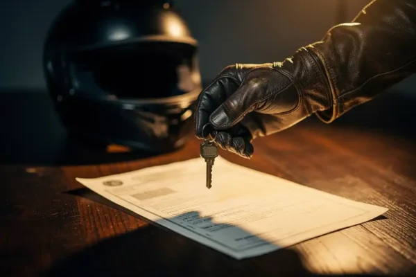 Main gantée en cuir tenant une clé de moto près d'un document d'assurance sur un bureau en chêne, casque noir en arrière-plan.