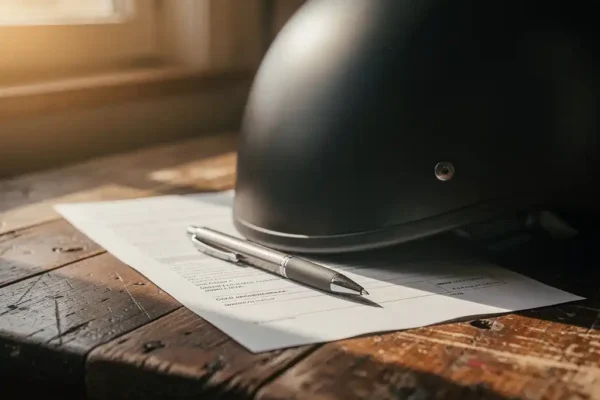 Document d'assurance moto partiellement glissé sous un casque noir sur un bureau en bois, stylo posé en diagonale sur le papier.