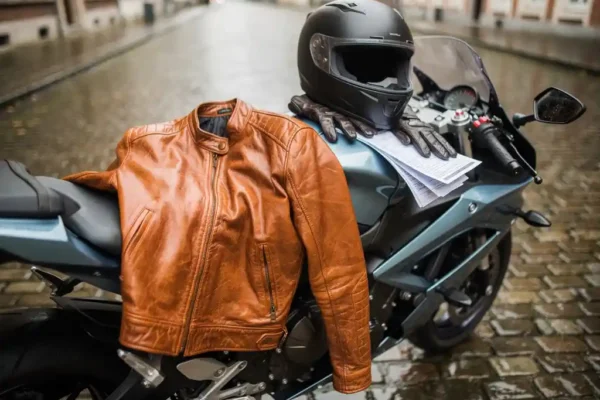 Veste moto en cuir cognac posée sur une sportive moderne, rue pavée belge, avec casque, gants et documents d'assurance sur la selle.