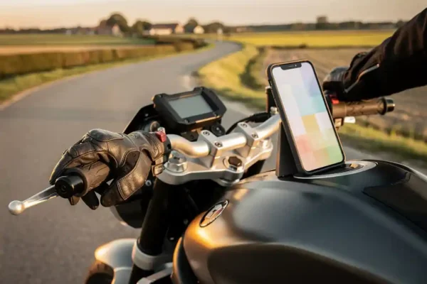 Main courante de moto avec gant de motard, smartphone affichant un formulaire de devis assurance moto, route de campagne belge en arrière-plan.