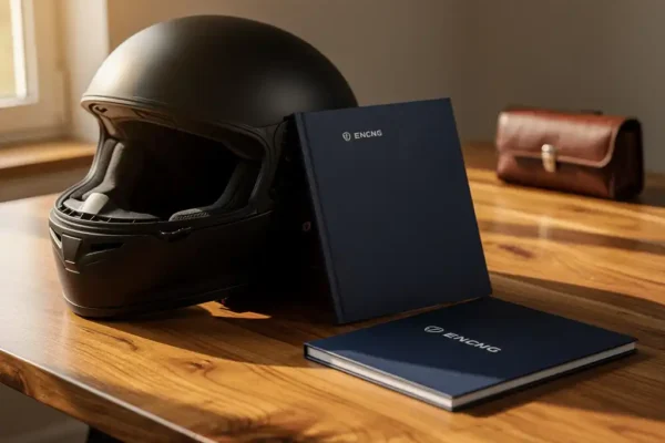 Police d'assurance moto posée contre un casque noir sur un bureau en bois, dossier entrouvert, lumière dorée d'après-midi belge.