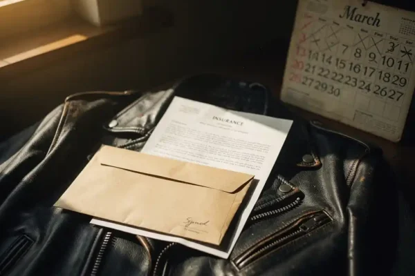 Enveloppe cachetée et document d'assurance moto sur veste en cuir vieillie, calendrier vintage avec jours barrés, lumière ambrée belge.