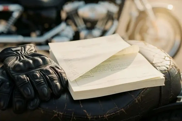 Document de police d'assurance moto ouvert sur une selle en cuir, gants de conduite posés à côté, moto floue en arrière-plan.