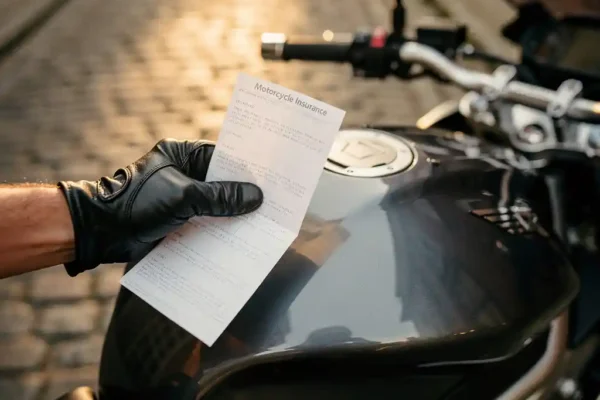 Main portant un document d'assurance moto au-dessus d'un réservoir chromé, rue pavée belge en arrière-plan flou, lumière dorée.