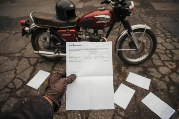 Main en gant de cuir tenant un document d'assurance moto non signé, papiers épars sur asphalte, moto classique en arrière-plan.