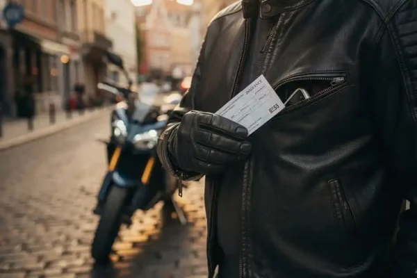 Main bantée glissant un document d'assurance moto dans une poche de veste en cuir, moto moderne en arrière-plan sur pavés belges.
