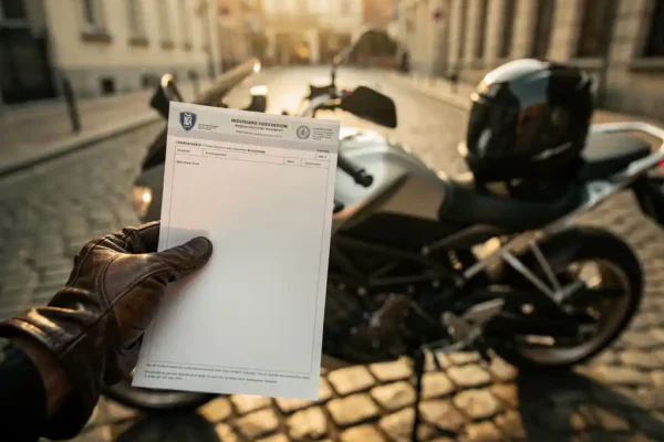 Main glantée tenant des documents d'assurance moto sur une rue pavée belge ensoleillée, moto garée en arrière-plan.