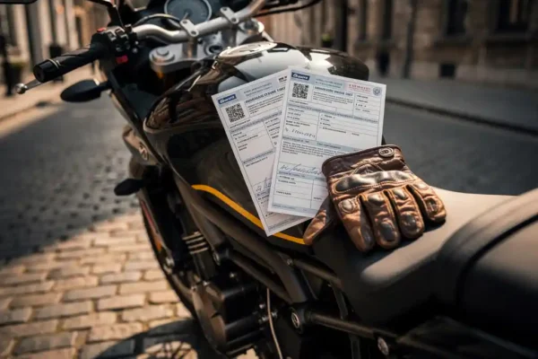 Moto garée sur pavés belges avec deux documents d'assurance et un gant en cuir posés sur la selle, lumière dorée de l'après-midi.