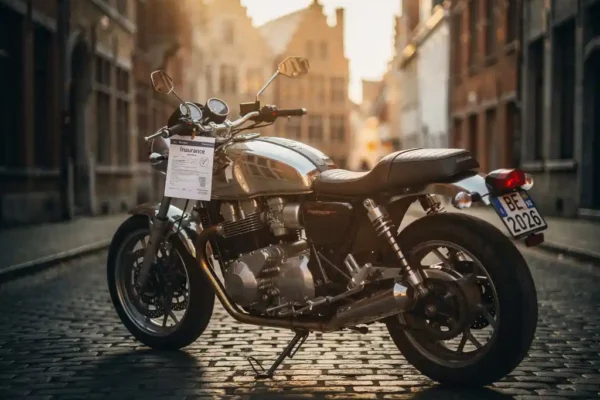Moto garée sur des pavés belges au coucher du soleil, document d'assurance journalière glissé sous le guidon, façades flamandes en arrière-plan.