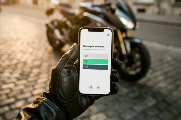 Main en gant de cuir tenant un smartphone avec confirmation d'assurance moto, rue pavée belge ensoleillée en arrière-plan.