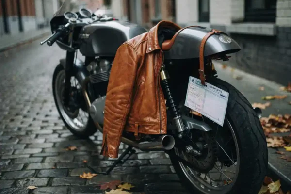 Veste moto en cuir cognac posée sur un café-racer vintage, pavés belges et feuilles d'automne, document d'assurance glissé sous la sangle.