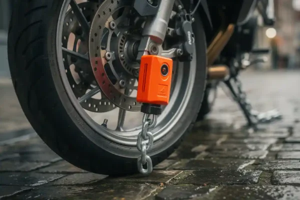 Antivol disque orange avec alarme fixé sur une roue de moto, chaîne de sécurité visible en arrière-plan, rue pavée belge.
