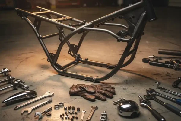 Cadre de moto custom sur sol d'atelier entouré d'outils, pièces chromées et gant en cuir, sous éclairage ambré chaleureux.