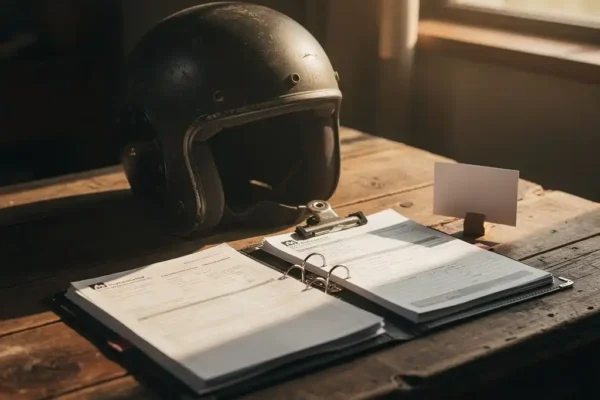 Casque moto usé posé sur une table en bois à côté d'un dossier d'assurance ouvert, lumière ambrée d'après-midi filtrant par une fenêtre.