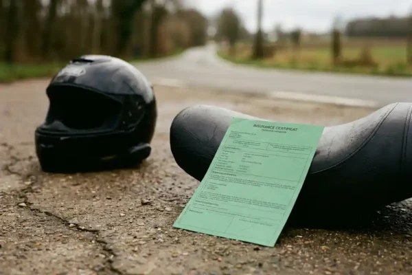 Certificat d'assurance moto vert posé sur une selle, casque noir brillant à côté sur asphalte, route floue en arrière-plan.
