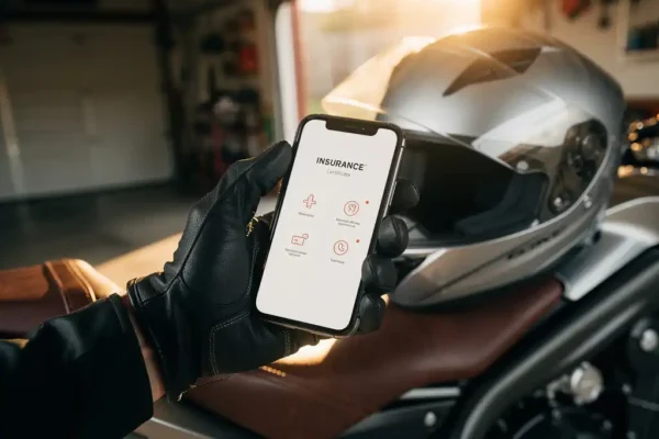 Main gantée de motard tenant un smartphone avec une attestation d'assurance numérique, casque moderne posé sur un siège en cuir.