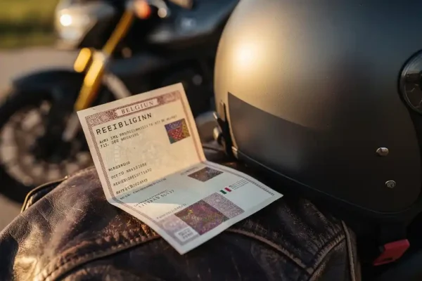Certificat d'immatriculation belge posé sur une veste en cuir vieilli, casque moto moderne et moto floue en arrière-plan, lumière dorée.