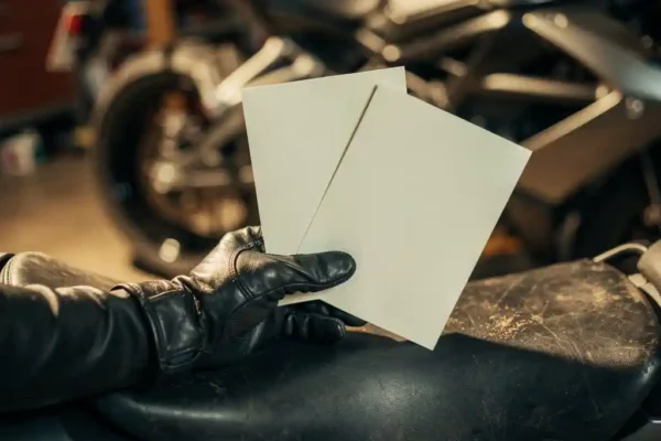 Main gantée d'un motard comparant deux contrats d'assurance moto sur une selle en cuir, moto moderne visible en arrière-plan.