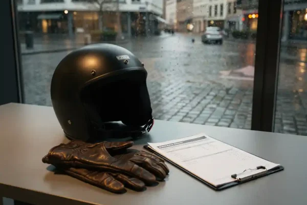 Casque et gants de coursier moto posés sur un bureau moderne avec des documents de livraison, rue belge pluvieuse en arrière-plan.