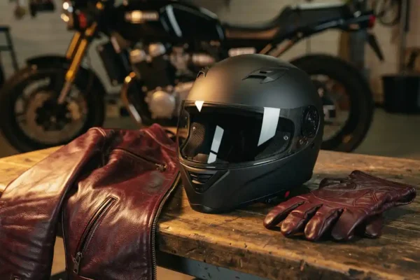 Casque moto, veste en cuir et gants disposés sur un établi de garage, moto floue en arrière-plan, lumière chaude d'atelier.