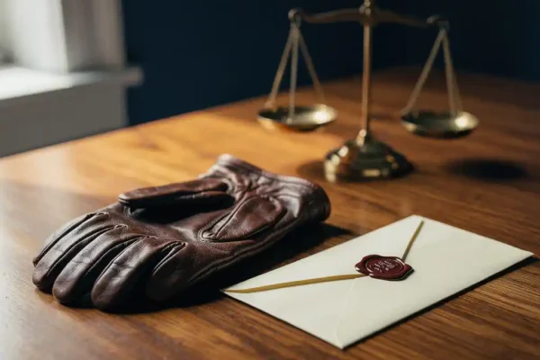Gant de moto en cuir vieilli posé près d'une enveloppe cachetée sur un bureau en chêne, balance en arrière-plan flou.