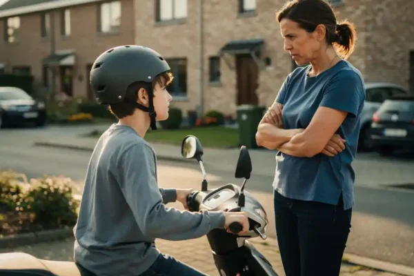 Adolescent casqué sur un scooter garé dans une allée résidentielle belge, parent inquiet les bras croisés à proximité.