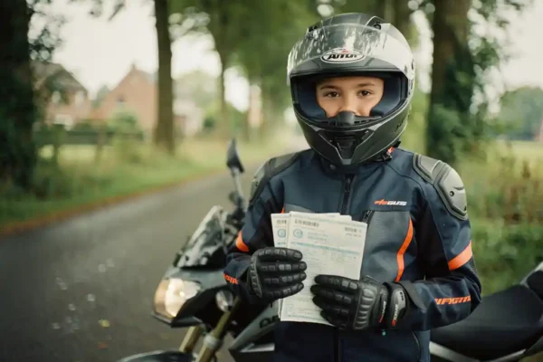 Jeune motocycliste en équipement de protection tenant des documents d'assurance au bord d'une route belge paisible.