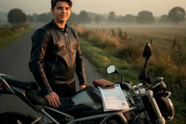 Jeune motard en veste de cuir près de sa moto, portefeuille et documents d'assurance posés sur le réservoir, bord de route belge au petit matin.