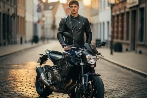 Jeune adulte en veste de moto en cuir tenant un document d'assurance, debout près d'une moto moderne sur une rue pavée belge.