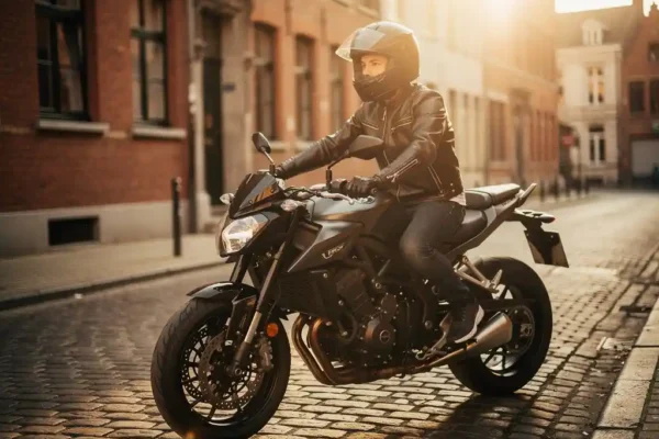 Jeune motard en casque intégral et veste en cuir sur une moto élégante, rue pavée belge baignée de lumière dorée.