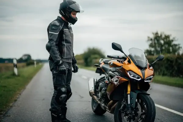 Motard en tenue complète tenant des documents d'assurance près de sa moto endommagée sur une route belge sous ciel couvert.