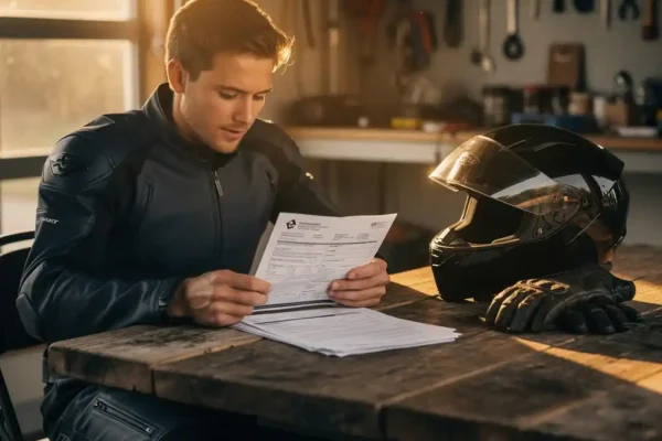 Motocycliste en tenue de protection consultant des documents d'assurance moto sur une table en bois, casque noir et gants en cuir à côté.