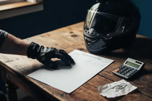 Main gantée de motard hésitant au-dessus d'un formulaire de déclaration sinistre vierge, avec casque noir et calculatrice sur bureau en bois.