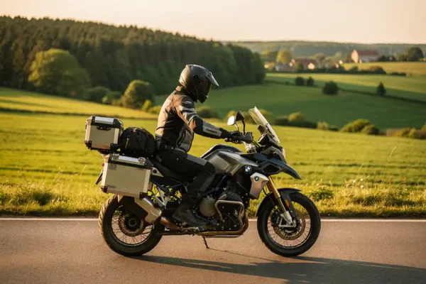 Motard en tenue de protection complète s'arrêtant sur une route sinueuse à travers la campagne belge, lumière dorée de fin d'après-midi.