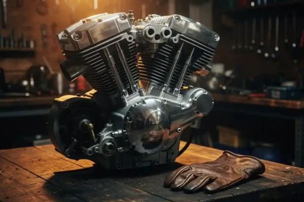Moteur de moto chromé sur établi d'atelier, gant en cuir usé posé à côté, éclairage ambré chaud révélant les textures métalliques.