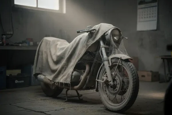 Moto poussiéreuse sous une bâche usée dans un garage belge sombre, toiles d'araignée sur le guidon, atmosphère mélancolique.
