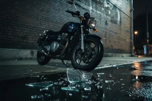 Moto abandonnée sur un trottoir urbain mouillé la nuit, peinture rayée, rétroviseur fissuré et éclats de verre sur le bitume sombre.
