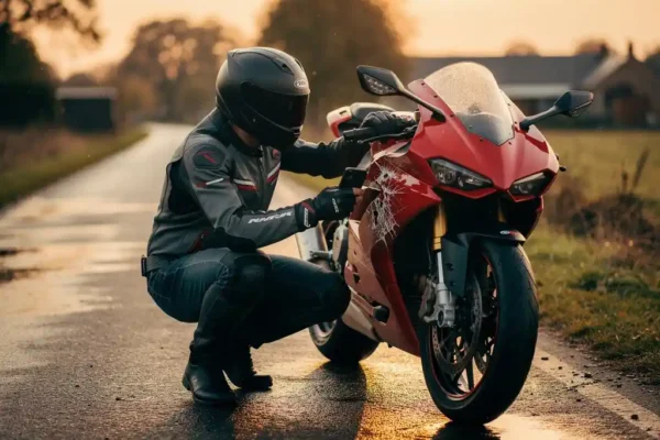 Motard en tenue complète accroupi près d'une moto rouge endommagée sur une route belge, photographiant les dégâts avec son smartphone.