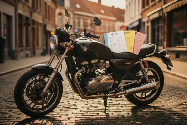 Moto garée sur des pavés belges avec trois dossiers d'assurance étalés sur la selle en cuir, lumière dorée de l'après-midi.