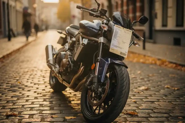 Moto garée sur pavés belges en automne, document d'assurance glissé sous le guidon, reflets chromés dorés.