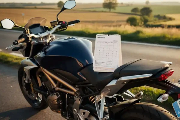 Moto garée sur une route belge avec un calendrier et un document d'assurance posés sur la selle, campagne en arrière-plan.