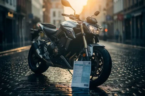 Moto moderne garée sur une rue belge mouillée, éclairée par un soleil doré, avec un document d'assurance contre la roue avant.