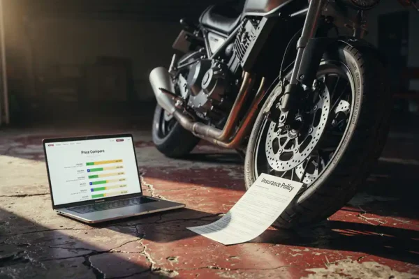 Moto garée sur béton avec laptop affichant une comparaison d'assurances et document imprimé sous la roue avant.