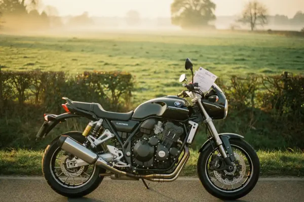 Moto chromée garée sur une route de campagne belge avec un document d'assurance sous le pare-brise, lumière dorée du matin.