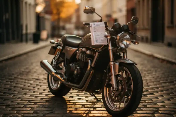 Moto chromée garée sur pavés belges avec document d'assurance sous le guidon, lumière dorée d'automne, bokeh urbain.